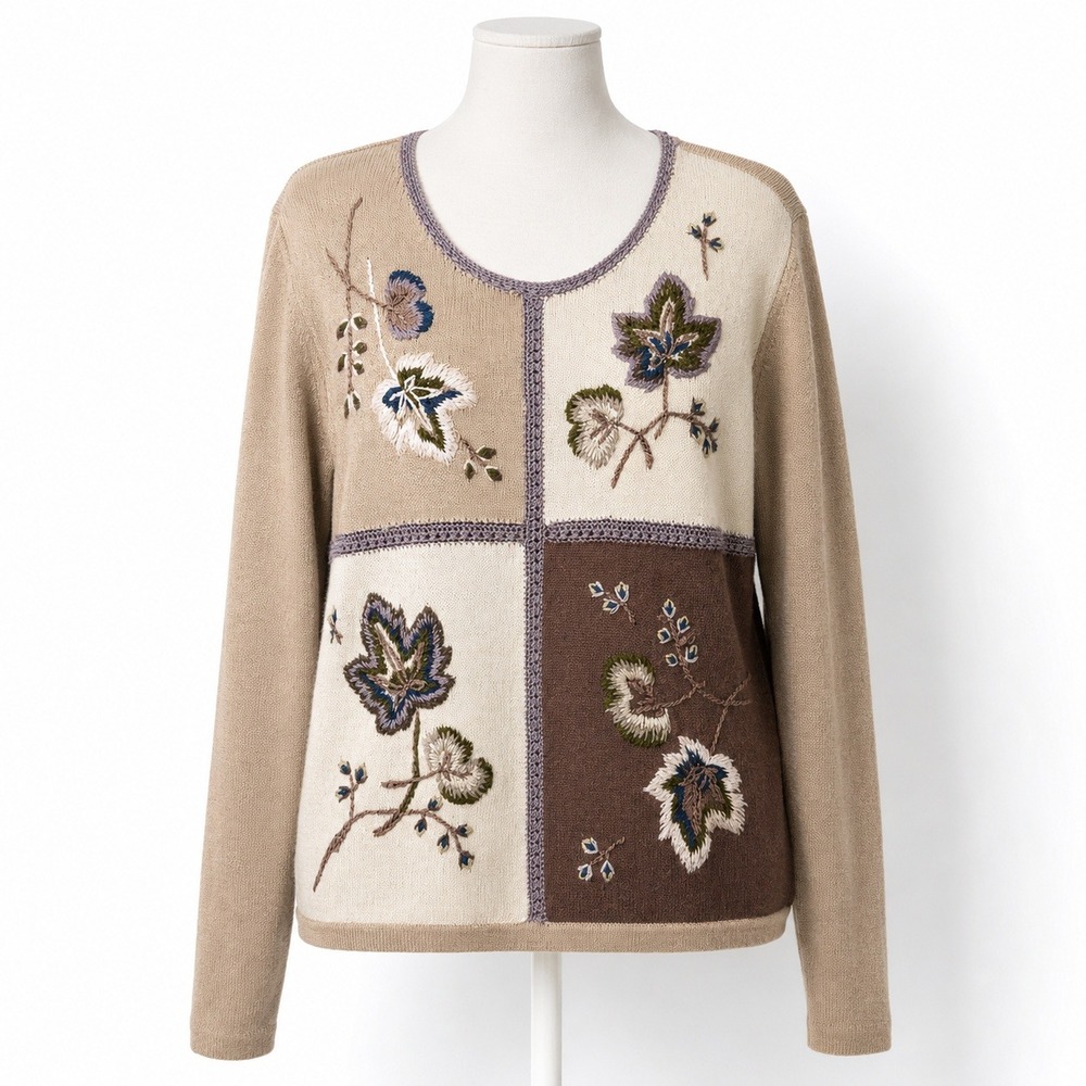 Vintage 90s Floral Embroidered Patchwork Sweater M Brown Cottagecore Fall Leaf